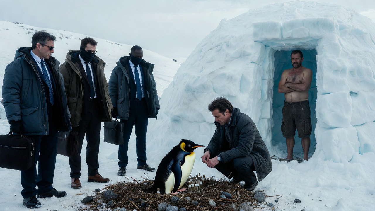 Satirical image of suited lawyers with briefcases in Antarctica, one crouching nervously beside an emperor penguin nesting on peptide vials, as a shirtless Florida man watches from his igloo