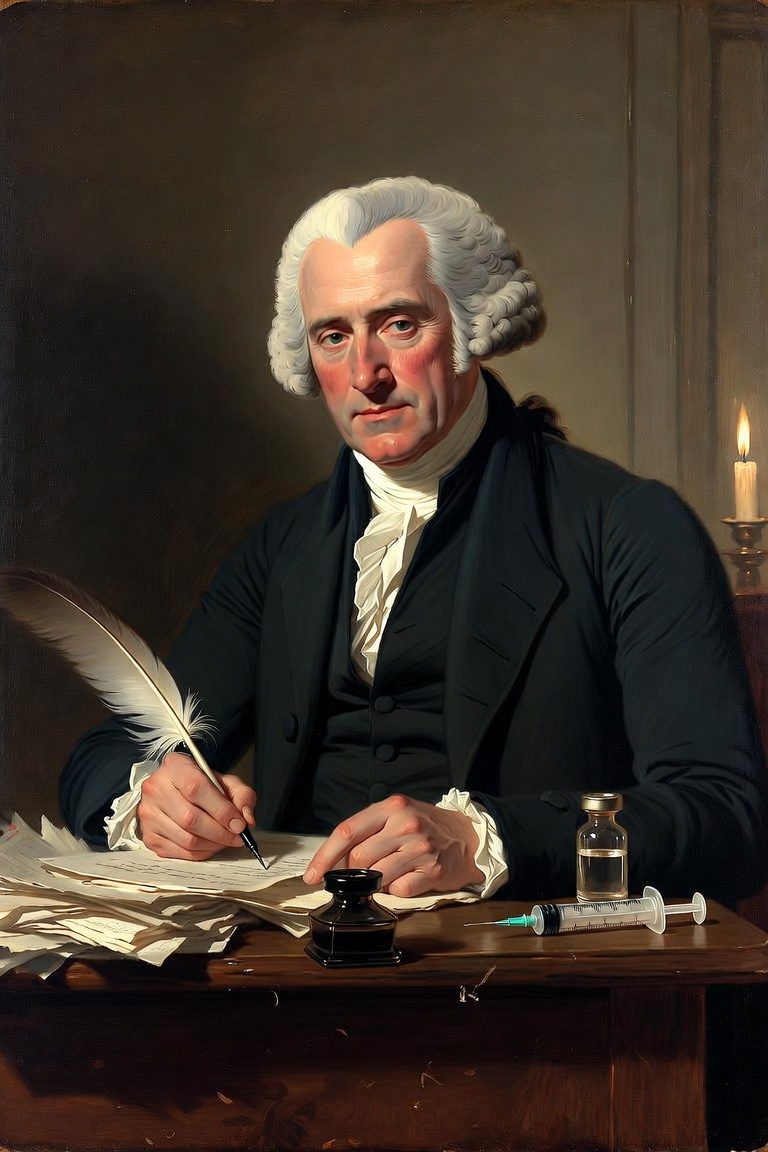 James Madison writing by candlelight with a peptide vial on his desk