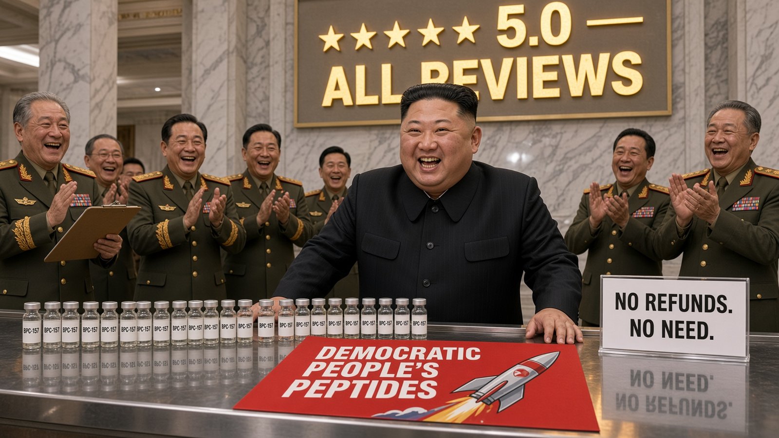 Satirical image of Kim Jong Un grinning at a checkout counter lined with BPC-157 vials as officers applaud, beside a 5.0 ALL REVIEWS sign, a NO REFUNDS. NO NEED. sign, and a red Democratic People's Peptides banner with a missile logo