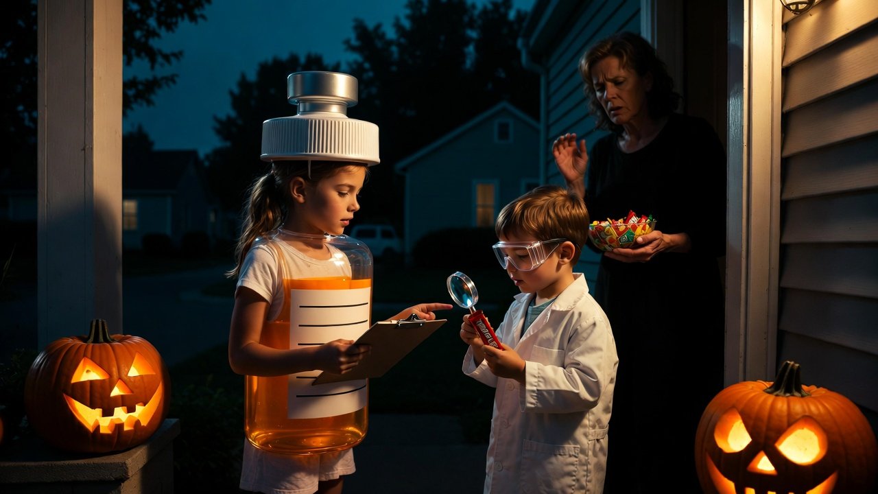 A girl dressed as a peptide vial and a boy in a lab coat inspect Halloween candy on a porch.
