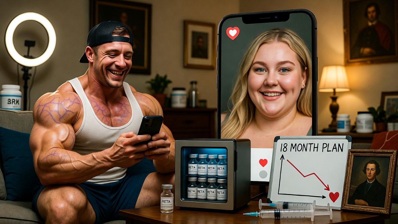 Satirical image of a grinning, veiny gym bro on his couch swiping Hinge beside a mini fridge full of RETA vials and an 18 MONTH PLAN whiteboard chart