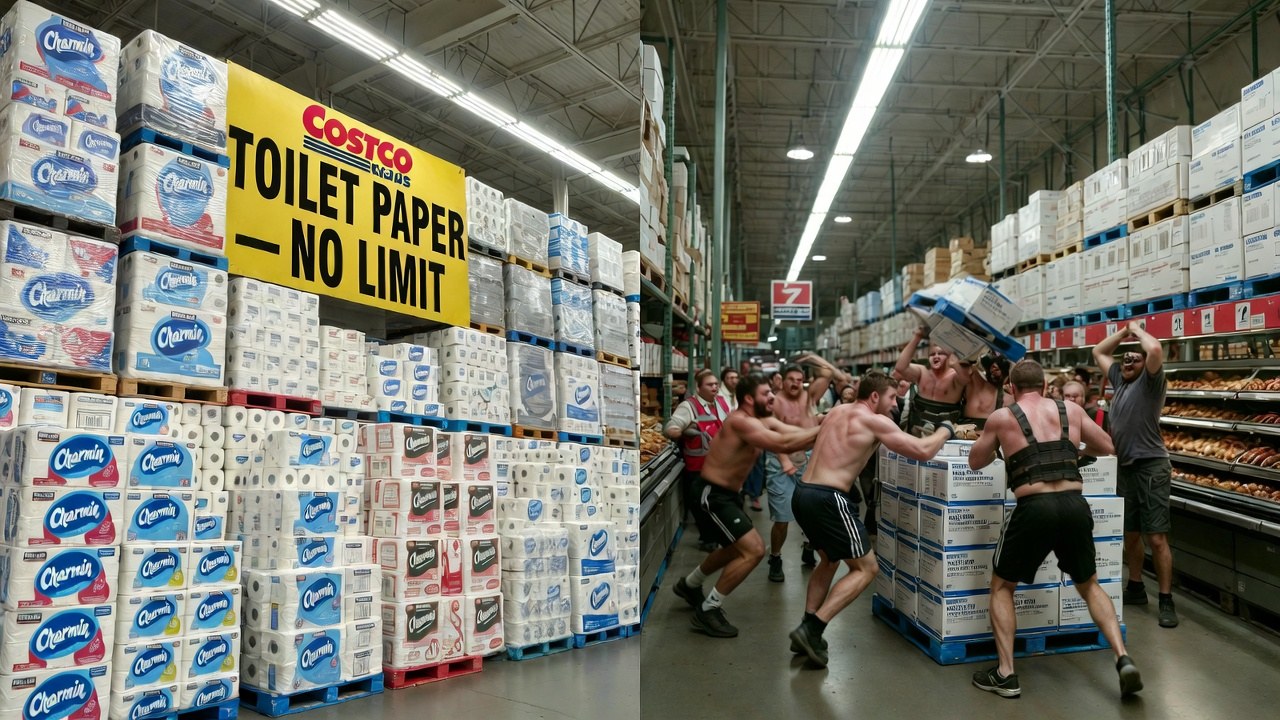 Satirical image of a Costco with a fully stocked, untouched toilet paper wall under a 'Toilet Paper No Limit' sign, while shirtless muscular men brawl over pallets of syringe boxes