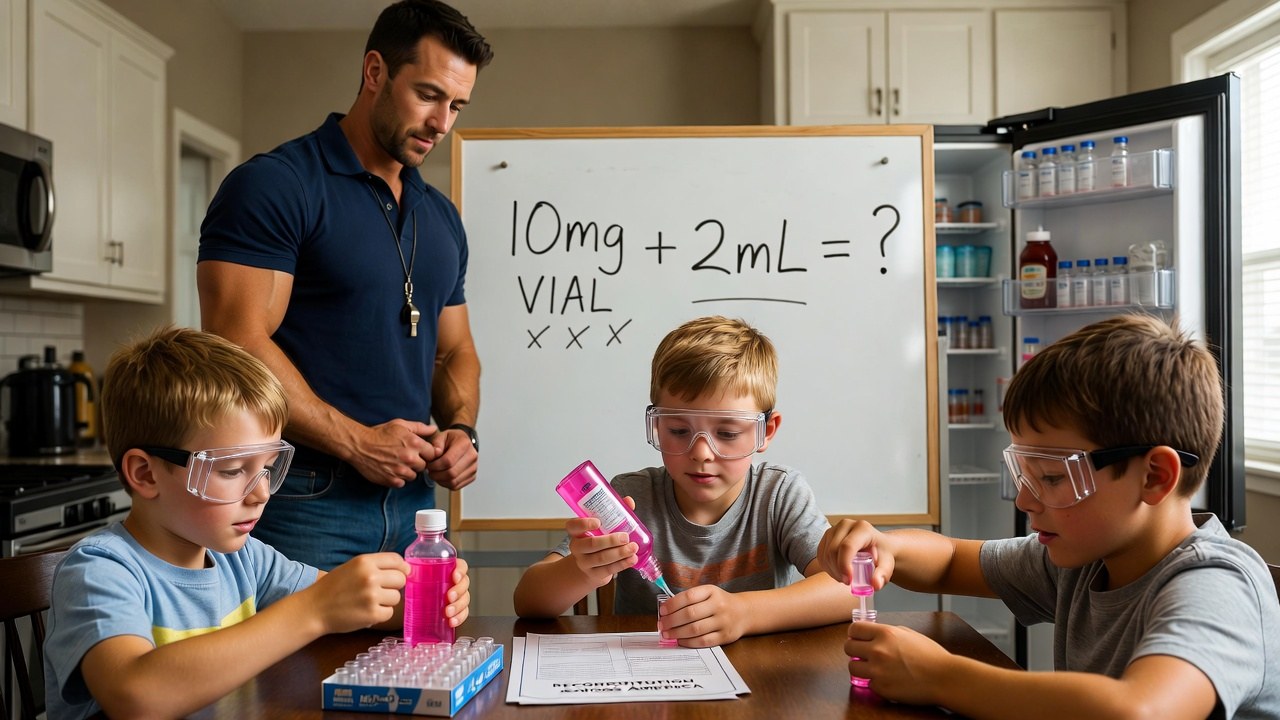 Satirical image of a muscular dad with a whistle at a whiteboard reading '10mg vial + 2mL = ?' while three kids in safety goggles fill empty vials with pink bubble solution