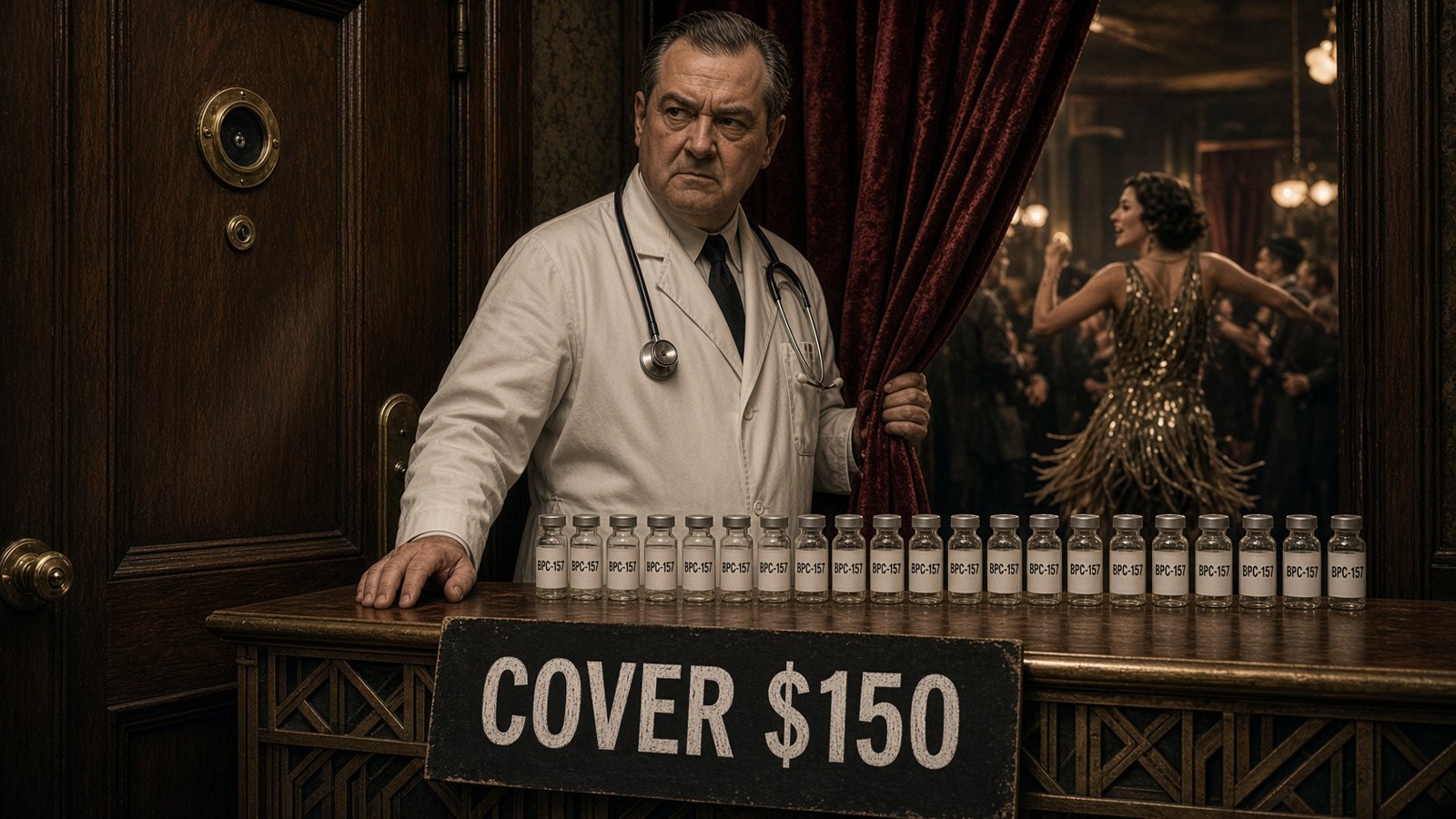 A doctor in a lab coat guards a 1920s speakeasy door beside a COVER $150 sign and a row of BPC-157 vials while a flapper dances behind a velvet curtain