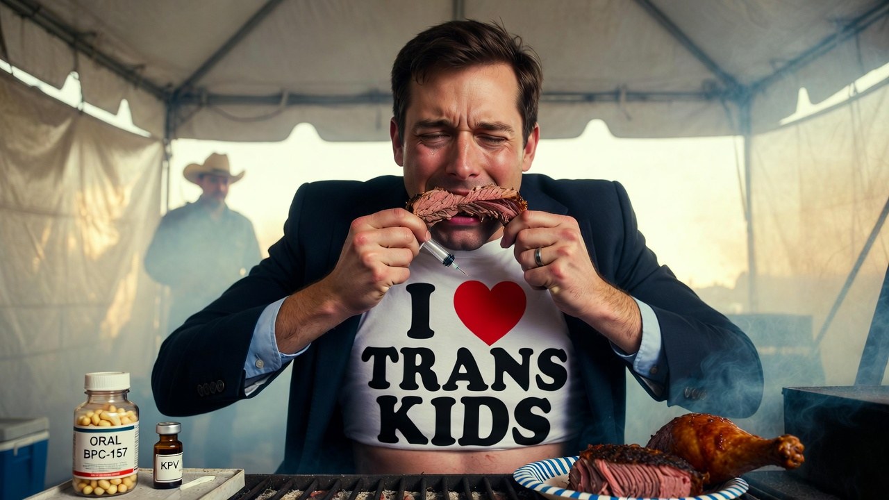 A man in a navy suit jacket and an I love trans kids T-shirt cries while biting brisket behind a barbecue tent, holding a syringe, next to a jar of oral BPC-157 and a KPV vial.